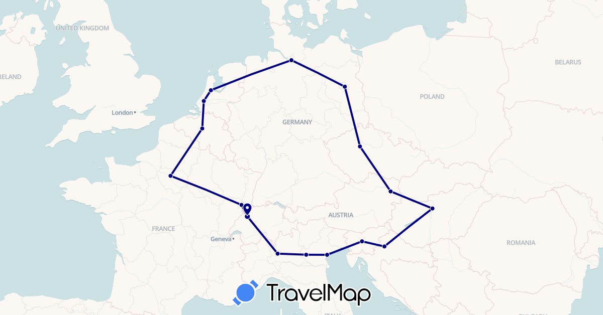 TravelMap itinerary: driving in Austria, Belgium, Switzerland, Czech Republic, Germany, France, Croatia, Hungary, Italy, Netherlands, Slovenia (Europe)